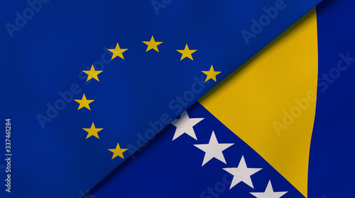 The flags of European Union and Bosnia and Herzegovina. News, reportage, business background. 3d illustration