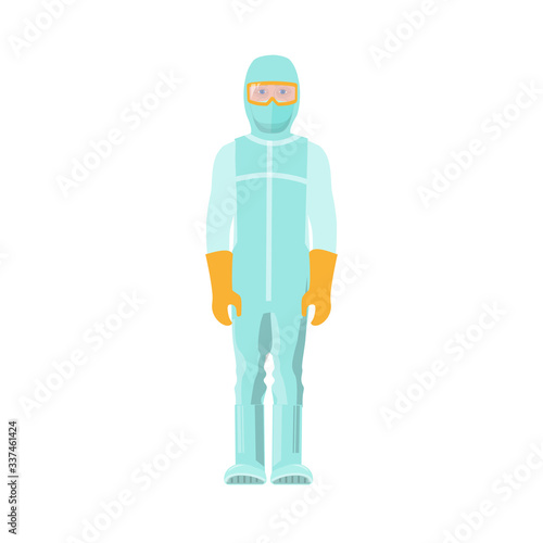 Man in protective medical suit with mask and gloves.