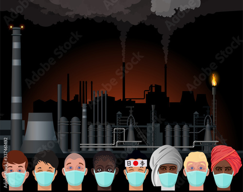 People in protective face masks on the background of an industrial landscape