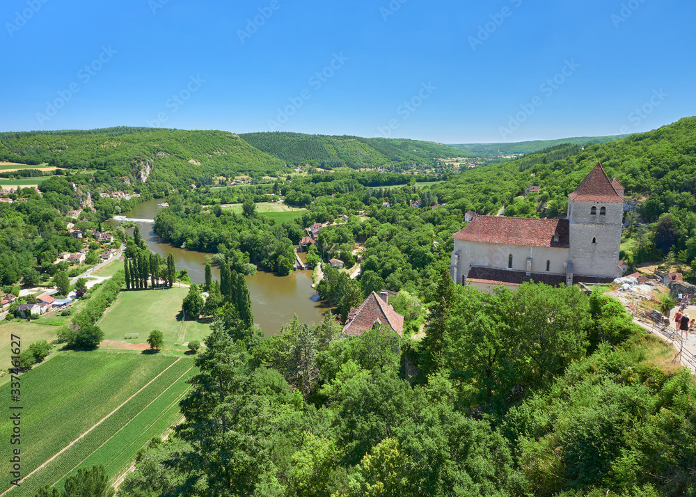 Landscape view of the Lot River valley from the ruins of Saint-Cirq-Lapopie castle, one of the most beautiful villages in France (Les Plus Beaux Villages de France), Causses du Quercy Natural Park