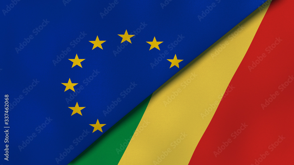 The flags of European Union and Congo. News, reportage, business background. 3d illustration