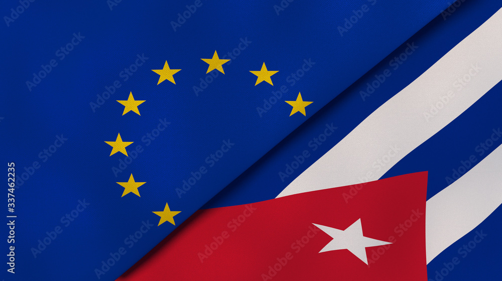 The flags of European Union and Cuba. News, reportage, business background. 3d illustration The flags of European Union and Cuba. News, reportage, business background. 3d illustration