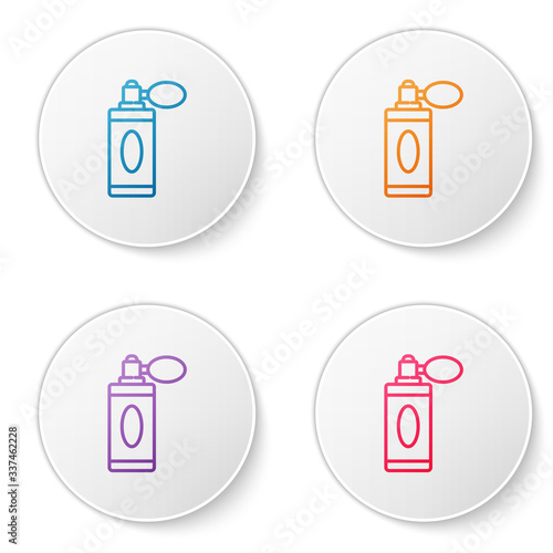 Color line Aftershave bottle with atomizer icon isolated on white background. Cologne spray icon. Male perfume bottle. Set icons in circle buttons. Vector Illustration