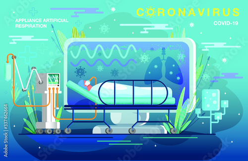 Flat design. Vector illustration about the spread of a pandemic, coronavirus,cobid-19.
Appliance artificial respiration, ventilator. lung infection with a virus. Virus protection.
Patient in a hospita