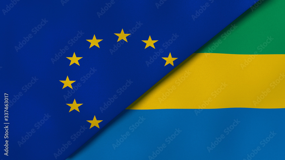 The flags of European Union and Gabon. News, reportage, business background. 3d illustration