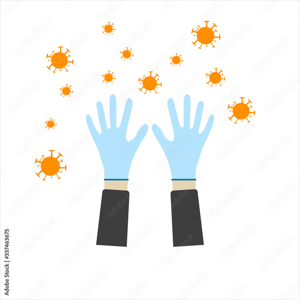 Medical gloves as an element of protection against coronavirus. Hand drawn sketch style. Coronavirus bacteria. Vector background. Image isolated. Medical gloves as an element of protection against coronavirus. Hand drawn sketch style. Coronavirus bacteria. Vector background. Image isolated.