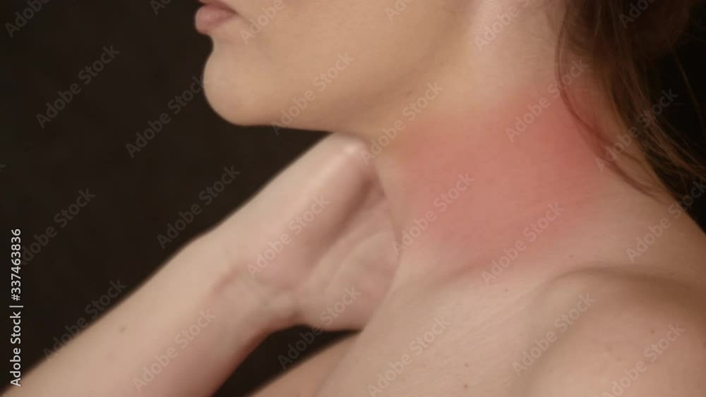 Young woman have a pain in neck and throat. Shot with graphic Young woman have a pain in neck and throat. Shot with graphic