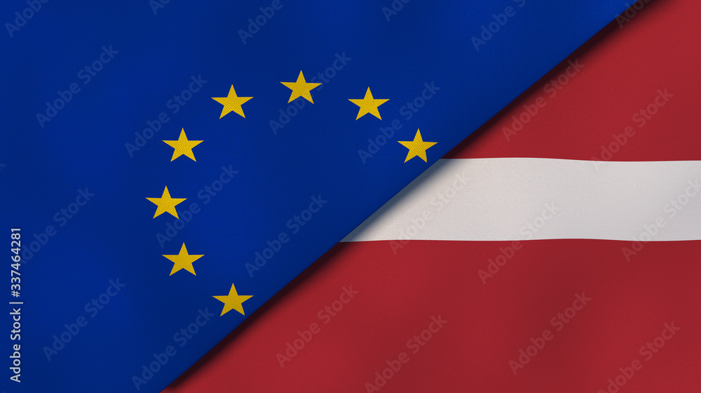 The flags of European Union and Latvia. News, reportage, business background. 3d illustration The flags of European Union and Latvia. News, reportage, business background. 3d illustration