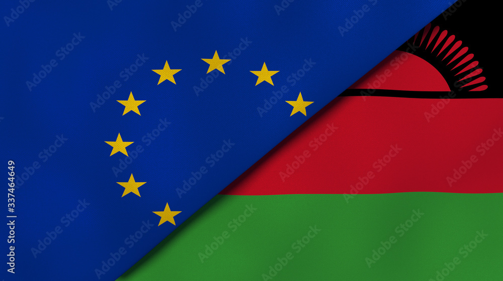 The flags of European Union and Malawi. News, reportage, business background. 3d illustration The flags of European Union and Malawi. News, reportage, business background. 3d illustration