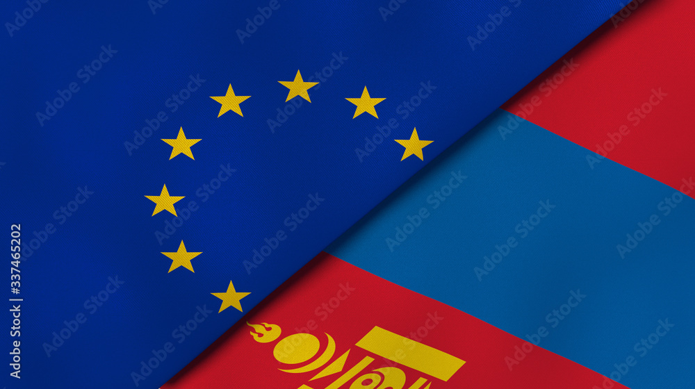 The flags of European Union and Mongolia. News, reportage, business background. 3d illustration The flags of European Union and Mongolia. News, reportage, business background. 3d illustration
