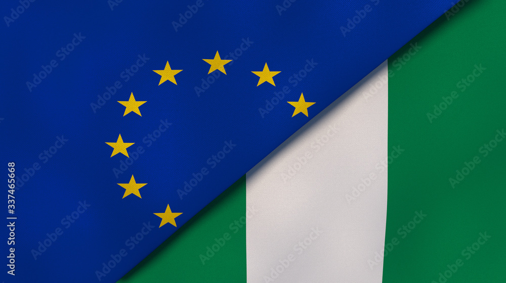 Fototapeta premium The flags of European Union and Nigeria. News, reportage, business background. 3d illustration