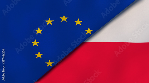 The flags of European Union and Poland. News  reportage  business background. 3d illustration