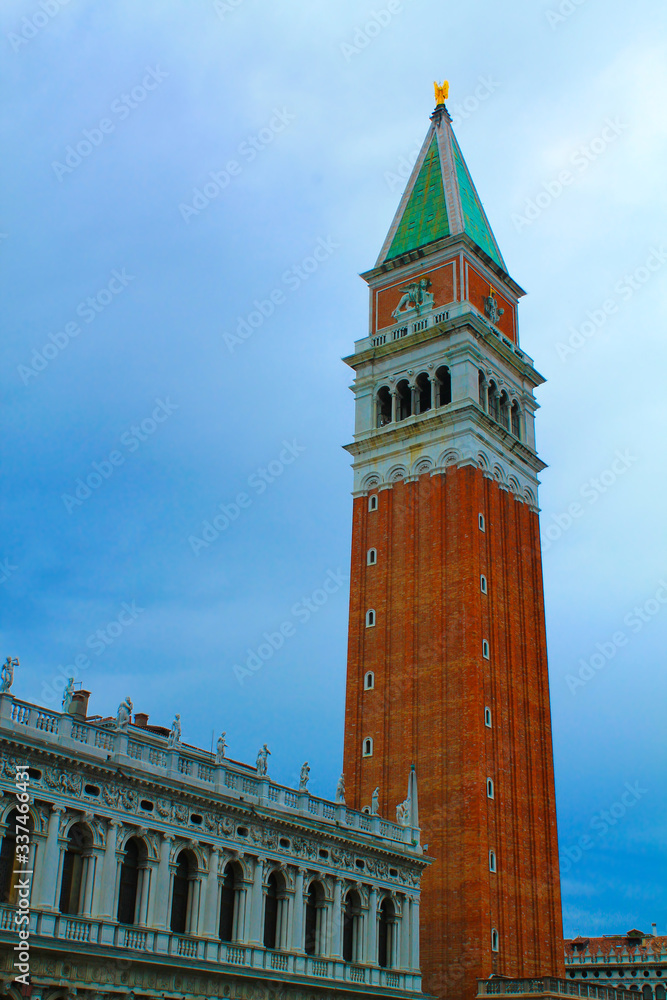 St Mark's Campanile at Piazza San Marco in Venice, Italy. It is one of the most recognizable symbols of the city. Poster, postcard.