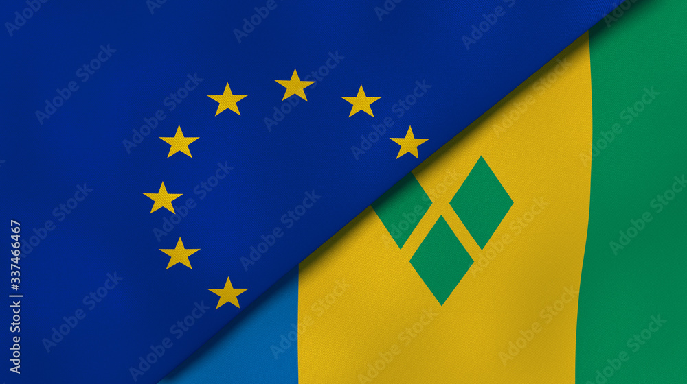 The flags of European Union and Saint Vincent and Grenadines. News, reportage, business background. 3d illustration