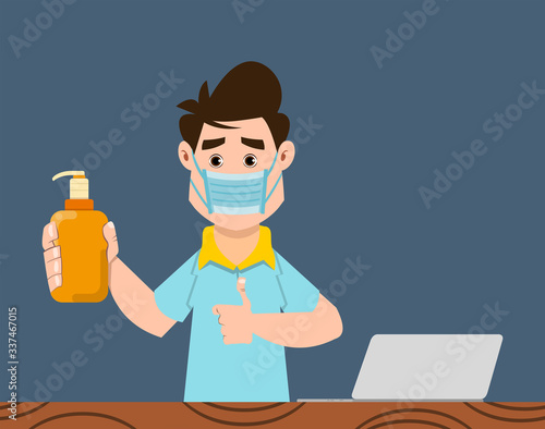 cute boy in medical and disinfectant bottle to prevent from coronavirus. Cute kid flat style character for design, motion or design.