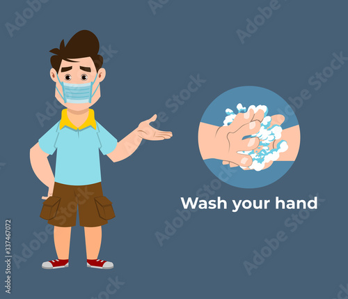 cute boy recommends preventing virus by washing your hands. Cute kid flat style character for design, motion or design.