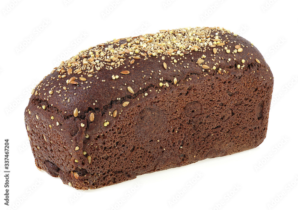 Fresh rye bread with flax seeds isolated on a white background. Whole wheat bread.