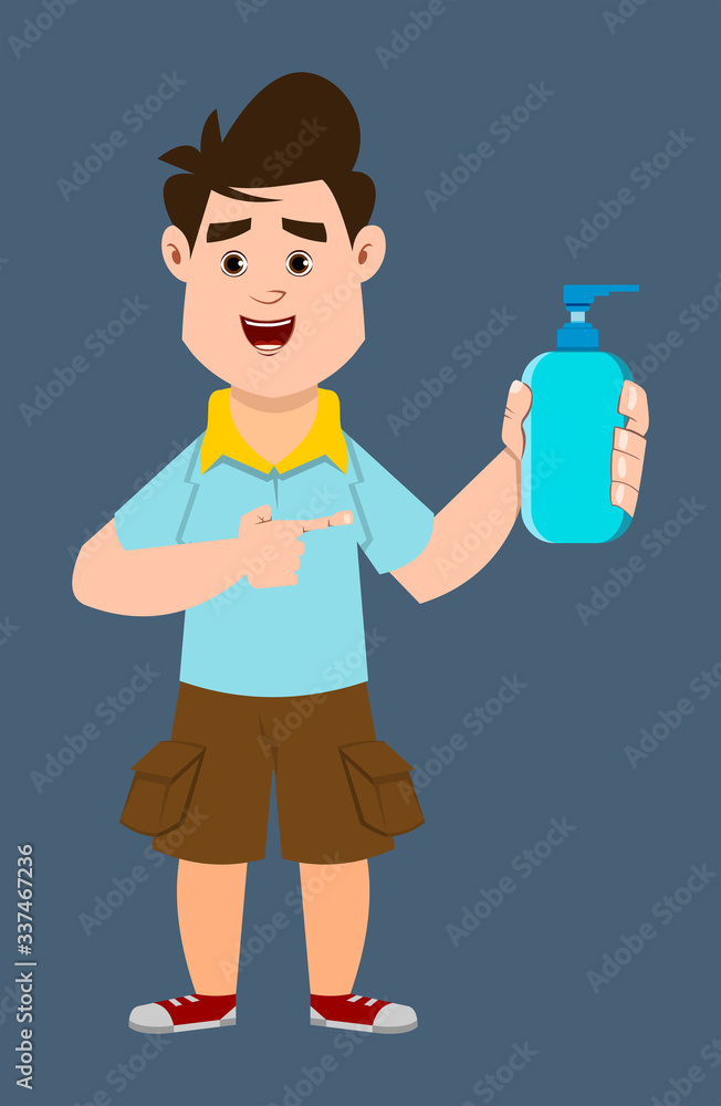 cute boy wearing face mask and showing alcohol gel bottle. covid-19 or coronavirus concept illustration. Cute kid flat style character for design, motion or design. cute boy wearing face mask and showing alcohol gel bottle. covid-19 or coronavirus concept illustration. Cute kid flat style character for design, motion or design.