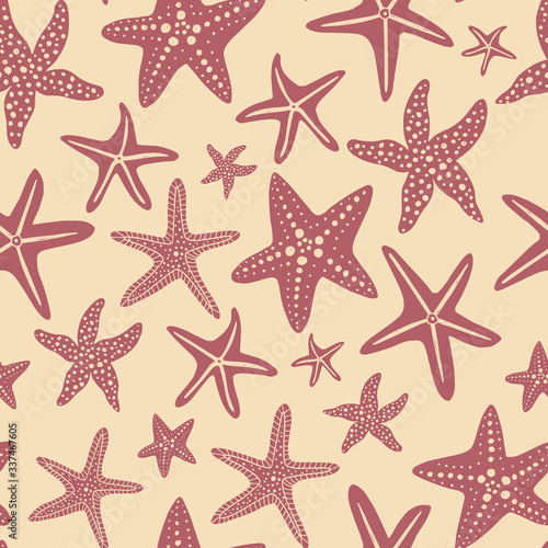 Starfish vector seamless pattern. Underwater pattern for kids on yellow background. Pattern for wrapping paper, fabric, textile, wallpaper, decor 