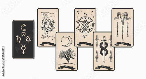 Tarot cards collection for fortune telling. Tarot card with symbols vector illustration.