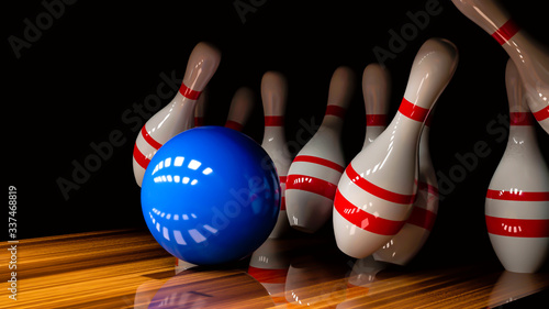 Photo Bowling. Bowling alley. Bowling balls and skittles.