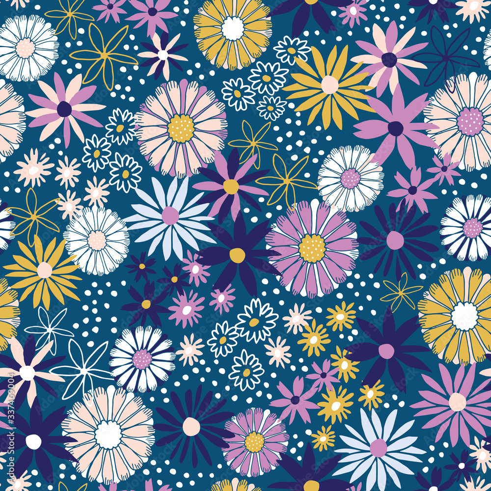 Uplifting summer floral vector repeat pattern with navy background. Uplifting summer floral vector repeat pattern with navy background.