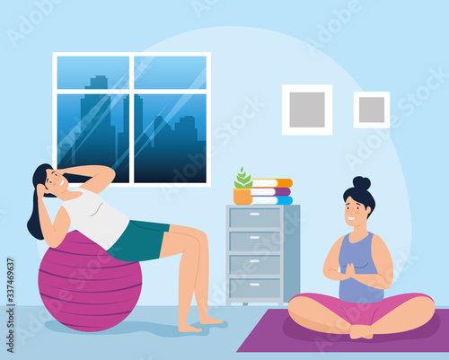 women exercising in the house scene vector illustration design