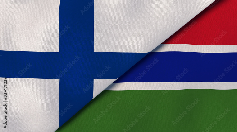 Naklejka premium The flags of Finland and Gambia. News, reportage, business background. 3d illustration