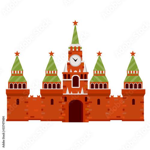 Residence of the Russian President on red square. Cartoon flat illustration. Moscow's kremlin. Tourist destination for tour to capital. Fortress with a tower and wall. A tourist attraction