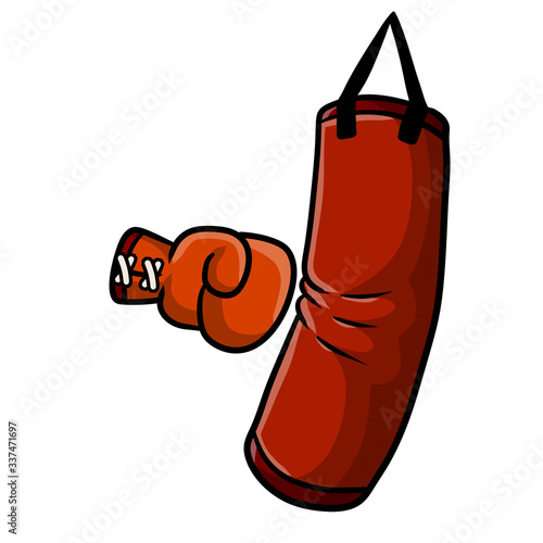 Red Boxing glove. Punch the punching bag. Sports inventory and equipment. Fight and hit. Training and championship. Cartoon drawn illustration