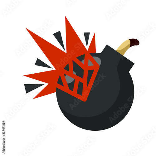 Bomb explosion. Danger sign for app explosion. Black military facility. Danger sign. Bang and blast. Cartoon flat illustration. Comic element