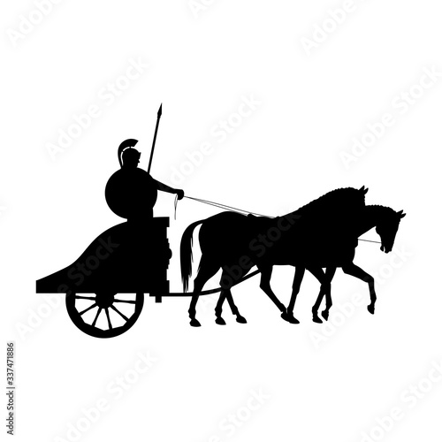 Roman warrior on an ancient war chariot drawn by two horses