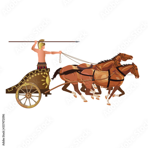 Roman warrior on an ancient war chariot drawn by three horses