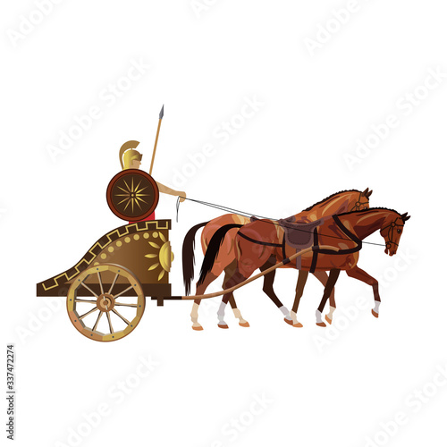 Roman warrior on an ancient war chariot drawn by two horses photo