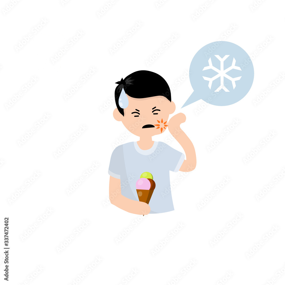 Tooth sensitivity. Man and ice cream. Pain in cheek and cold. Sad boy. Cartoon flat illustration. Soreness and need for treatment. Bubble with a snowflake icon Tooth sensitivity. Man and ice cream. Pain in cheek and cold. Sad boy. Cartoon flat illustration. Soreness and need for treatment. Bubble with a snowflake icon