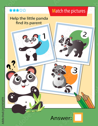 Matching game, education game for children. Puzzle for kids. Match the right object. Help the little panda find its parent.