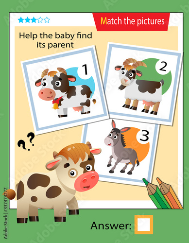 Matching game, education game for children. Puzzle for kids. Match the right object. Help the little calf find its parent.