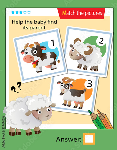Matching game, education game for children. Puzzle for kids. Match the right object. Help the little sheep find its parent.