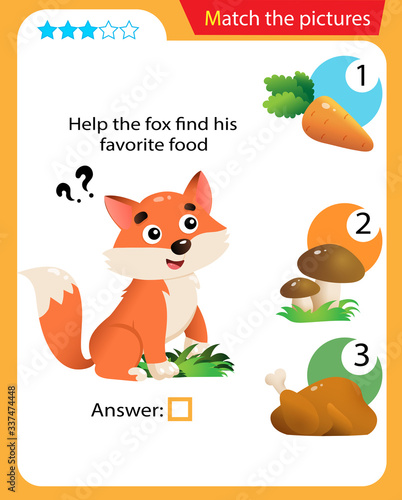 Matching game, education game for children. Puzzle for kids. Match the right object. Help the fox find his favorite food.