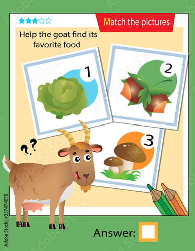 Matching game, education game for children. Puzzle for kids. Match the right object. Help the goat find its favorite food.