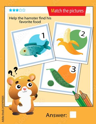 Matching game, education game for children. Puzzle for kids. Match the right object. Help the hamster find his favorite food.
