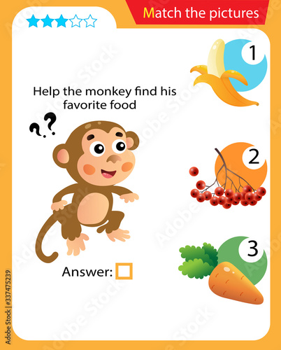 Matching game, education game for children. Puzzle for kids. Match the right object. Help the monkey find his favorite food.