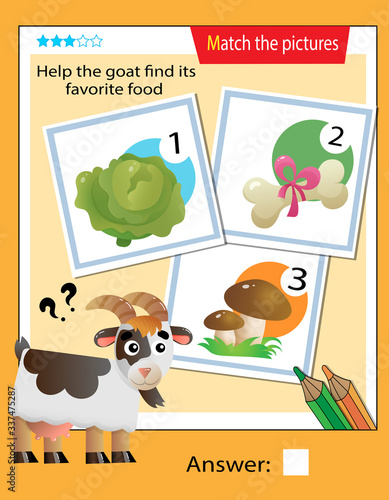 Matching game, education game for children. Puzzle for kids. Match the right object. Help the goat find its favorite food.