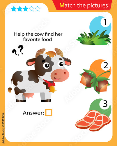 Matching game, education game for children. Puzzle for kids. Match the right object. Help the cow find her favorite food.
