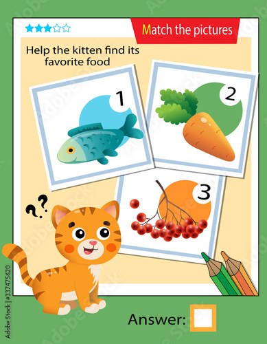 Matching game, education game for children. Puzzle for kids. Match the right object. Help the cat find his favorite food.
