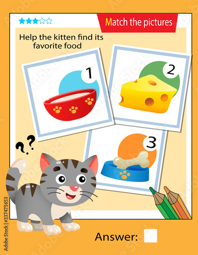 Matching game, education game for children. Puzzle for kids. Match the right object. Help the cat or kitten find his favorite food.