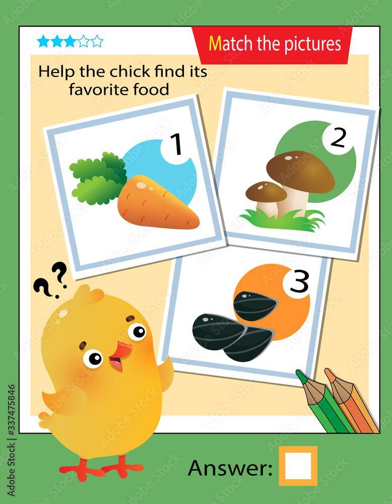 Matching game, education game for children. Puzzle for kids. Match the right object. Help the chick find its favorite food.