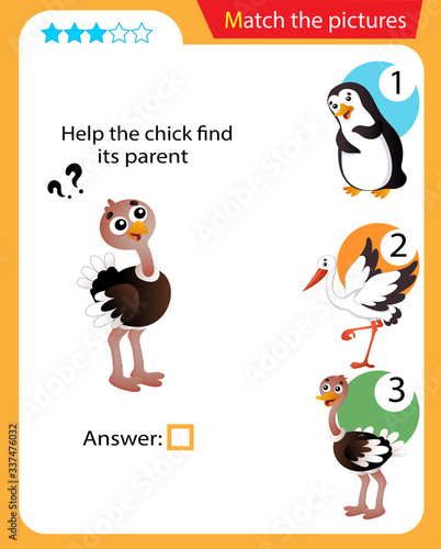 Matching game, education game for children. Puzzle for kids. Match the right object. Help the nestling find his parent. Ostrich.