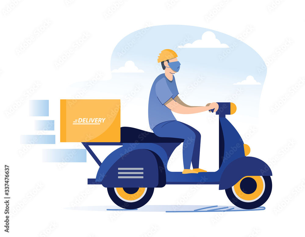 Online delivery service concept, online order tracking, delivery home and office. Scooter courier in respiratory mask. Online delivery service concept, online order tracking, delivery home and office. Scooter courier in respiratory mask.