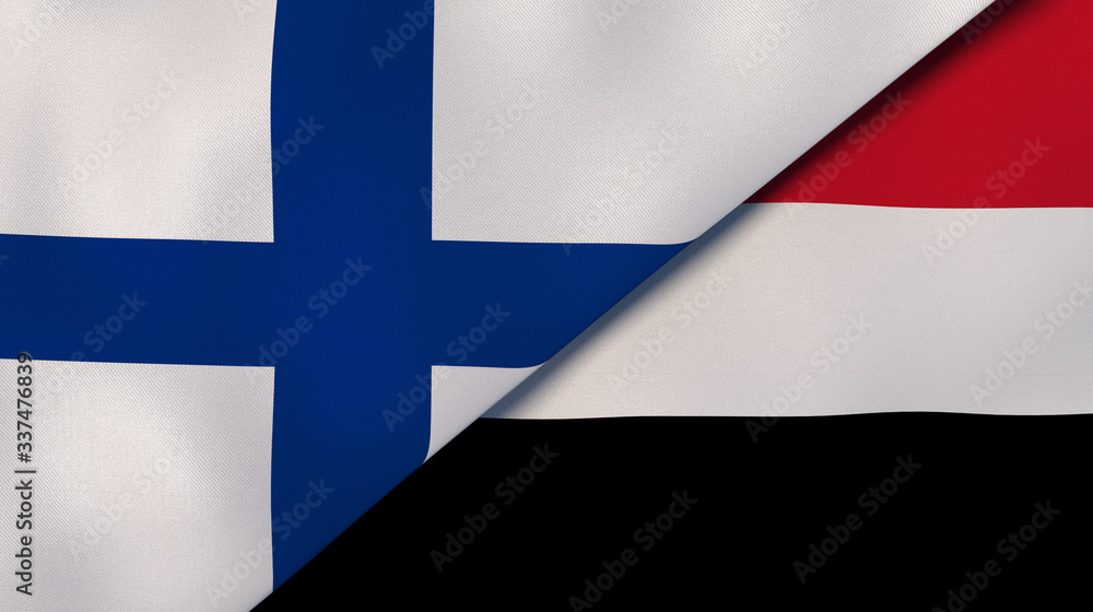 Naklejka premium The flags of Finland and Yemen. News, reportage, business background. 3d illustration